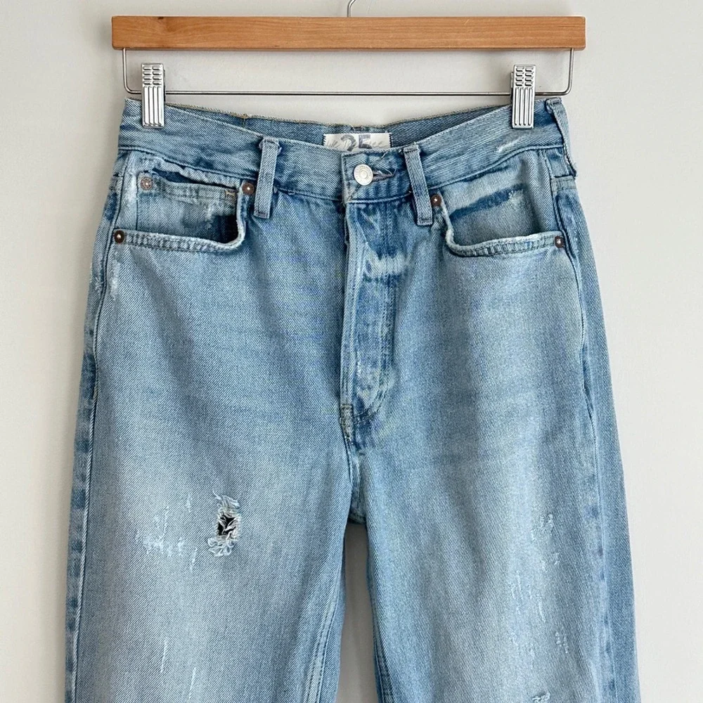 Free People High Rise Straight‎ Jeans 25 Light Wash Distressed Ripped Button Fly